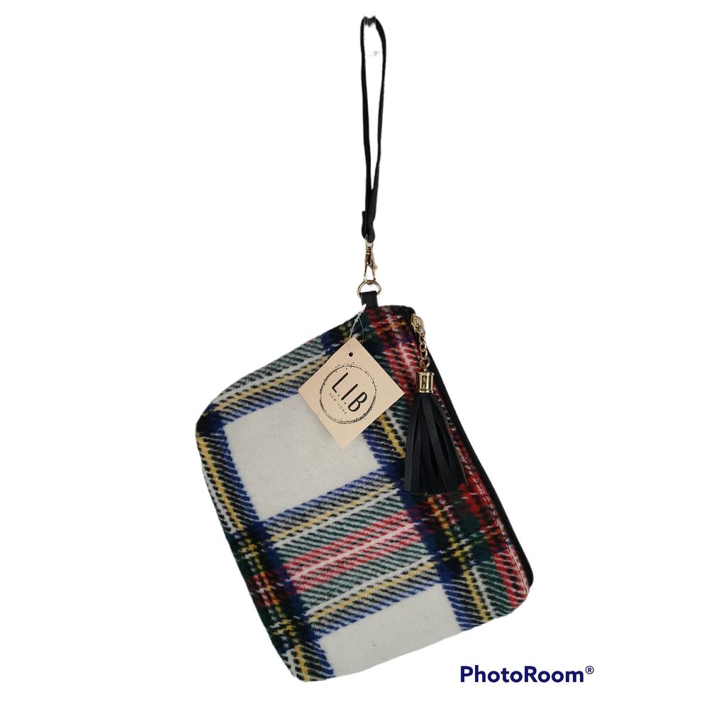 Plaid white, red, green fabric wristlet, NWT